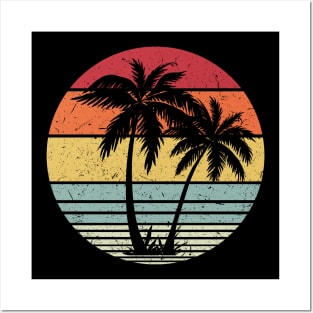 Retro Vintage sunset coco palm tree tropical beach Posters and Art